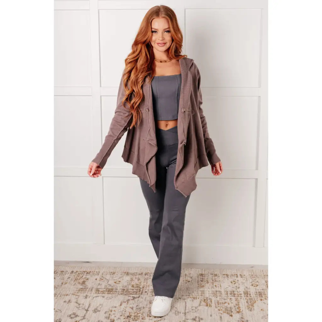 Lightweight plus size friendly cardigan in cotton knit with hood ribbed accents and waterfall hem is a perfect layering