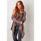 Lightweight plus size friendly cardigan in cotton knit with hood ribbed accents and waterfall hem is a perfect layering