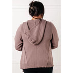 Lightweight plus size friendly cardigan in cotton knit with hood ribbed accents and waterfall hem is a perfect layering