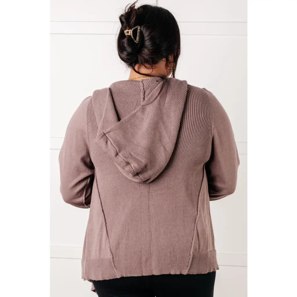 Lightweight plus size friendly cardigan in cotton knit with hood ribbed accents and waterfall hem is a perfect layering