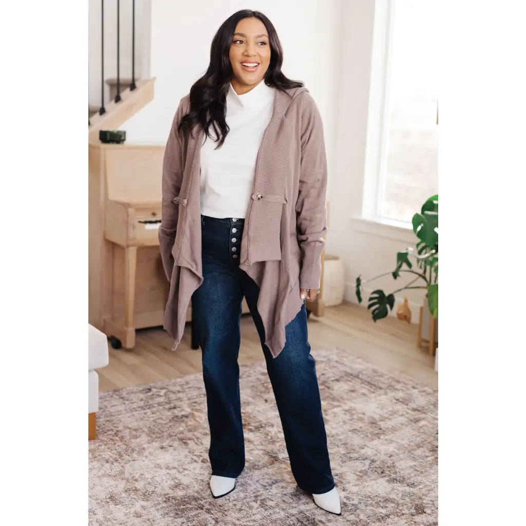 Lightweight plus size friendly cardigan in cotton knit with hood ribbed accents and waterfall hem is a perfect layering