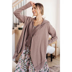 Lightweight plus size friendly cardigan in cotton knit with hood ribbed accents and waterfall hem is a perfect layering