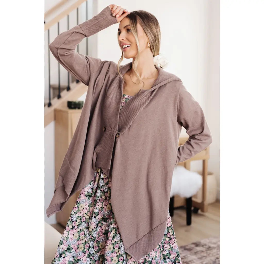Lightweight plus size friendly cardigan in cotton knit with hood ribbed accents and waterfall hem is a perfect layering