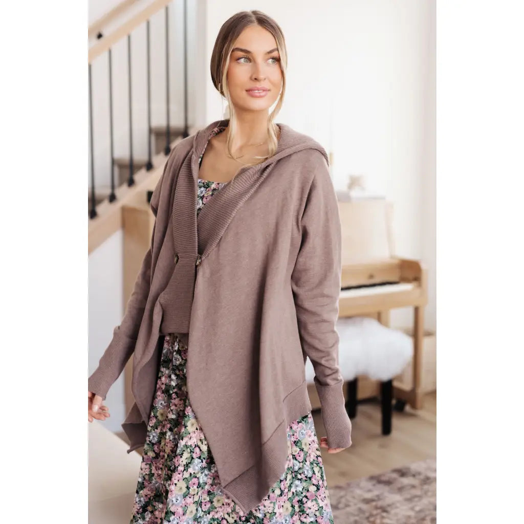 Lightweight plus size friendly cardigan in cotton knit with hood ribbed accents and waterfall hem is a perfect layering