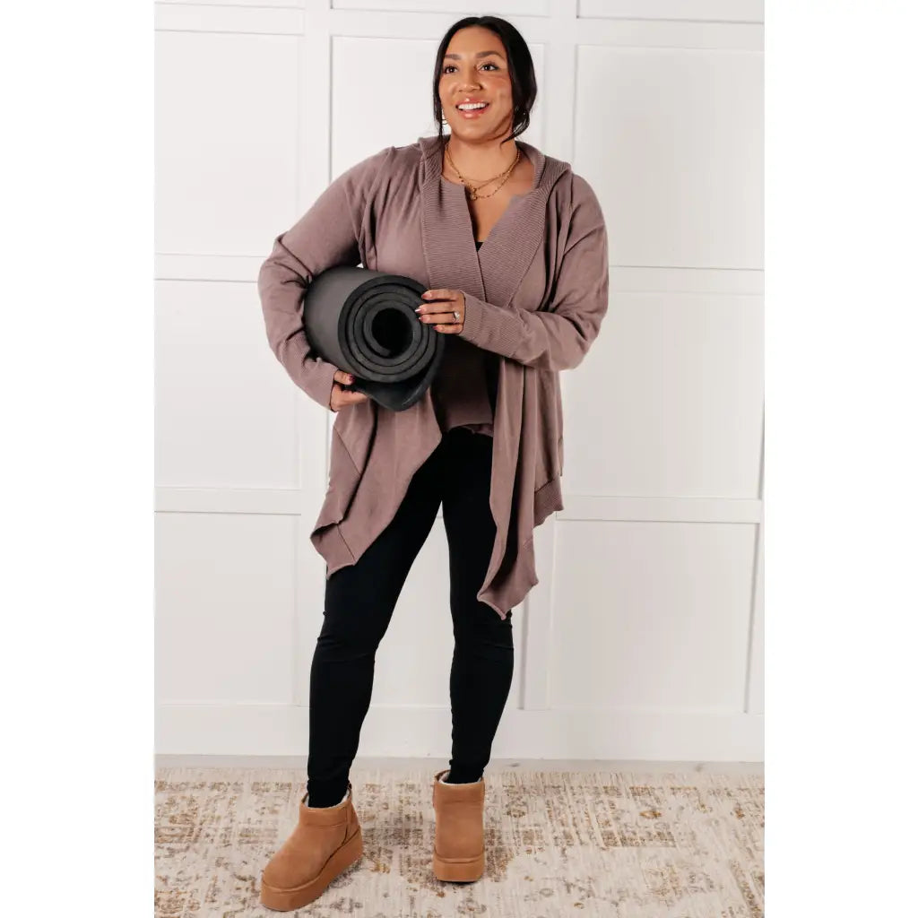 Lightweight plus size friendly cardigan in cotton knit with hood ribbed accents and waterfall hem is a perfect layering