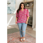 Floral & damask hot pink printed V-neck blouse with ruffle bell sleeves. Available in plus size. Ships fast 2-3 days!