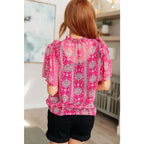 Floral & damask hot pink printed V-neck blouse with ruffle bell sleeves. Available in plus size. Ships fast 2-3 days!