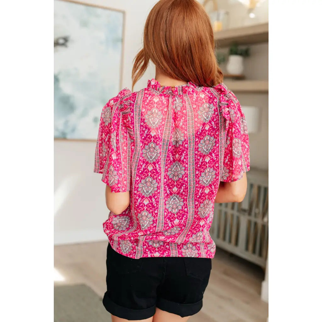 Floral & damask hot pink printed V-neck blouse with ruffle bell sleeves. Available in plus size. Ships fast 2-3 days!