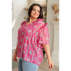Floral & damask hot pink printed V-neck blouse with ruffle bell sleeves. Available in plus size. Ships fast 2-3 days!