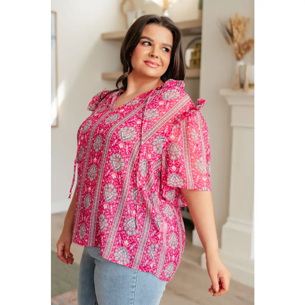 Floral & damask hot pink printed V-neck blouse with ruffle bell sleeves. Available in plus size. Ships fast 2-3 days!