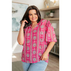Floral & damask hot pink printed V-neck blouse with ruffle bell sleeves. Available in plus size. Ships fast 2-3 days!