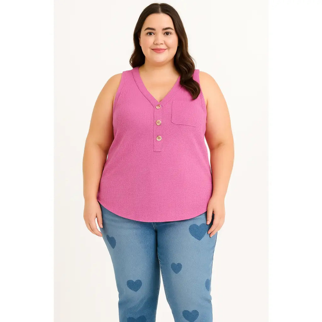Flattering A-line waffle knit tank top in magenta glow. Plus sizes available. Lightweight stretchy and easy to style
