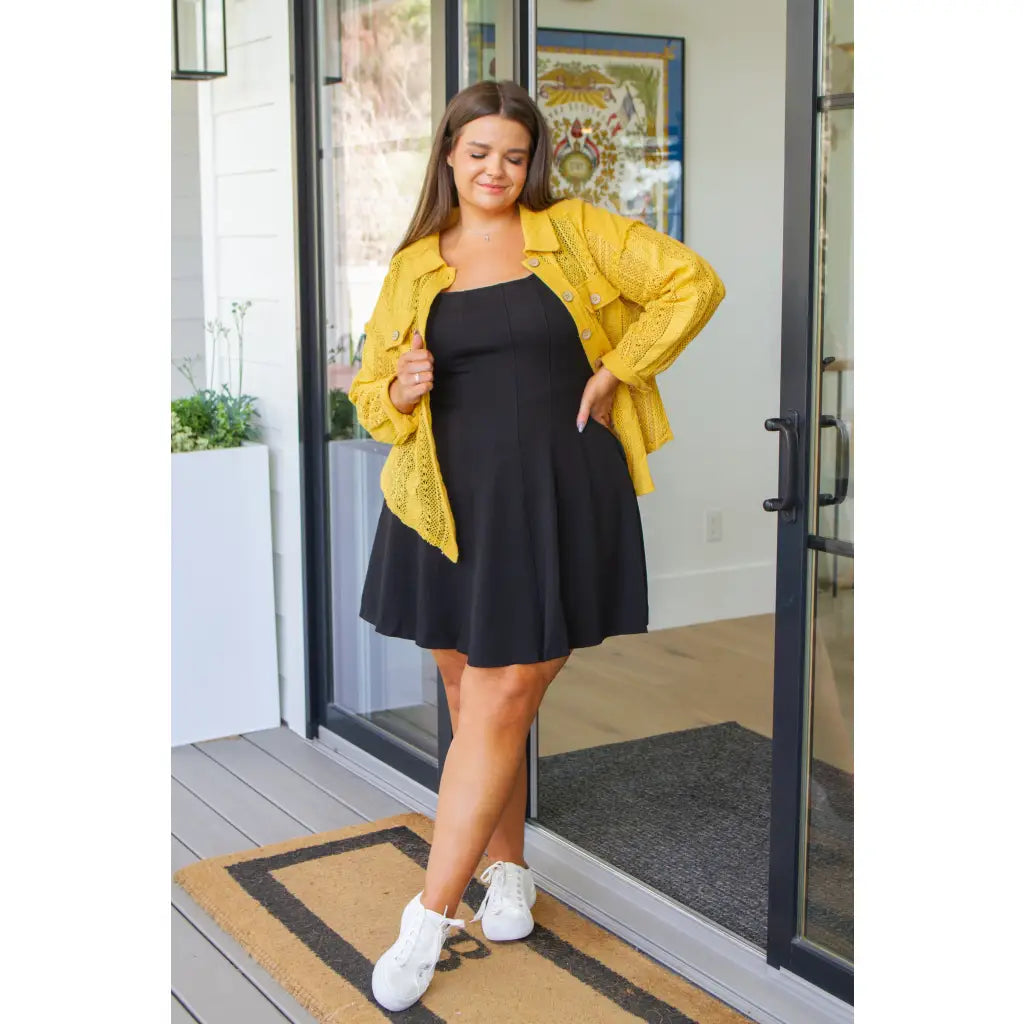 Our Sweeter Than Nectar Lace Button Down Blouse in Honey is crafted with delicate crocheted lace and a wood button