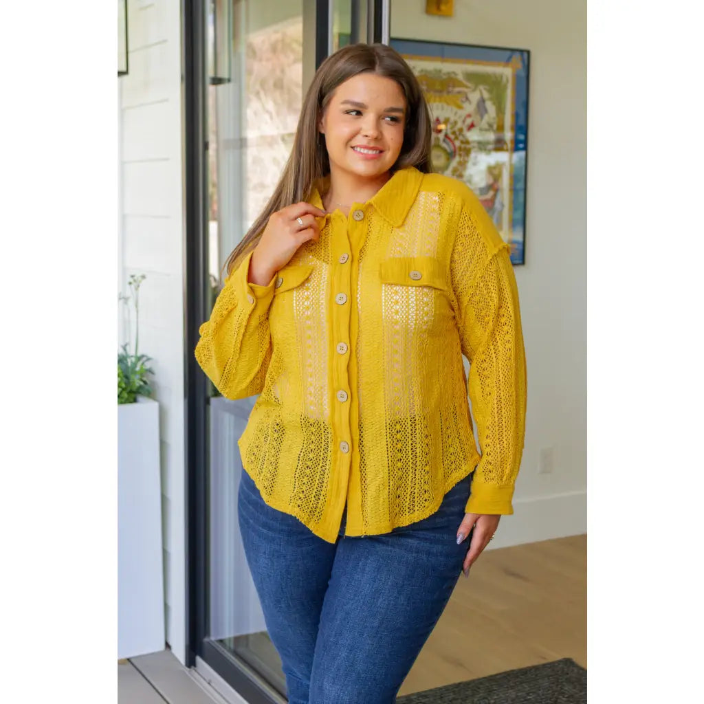 Our Sweeter Than Nectar Lace Button Down Blouse in Honey is crafted with delicate crocheted lace and a wood button