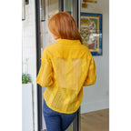 Our Sweeter Than Nectar Lace Button Down Blouse in Honey is crafted with delicate crocheted lace and a wood button