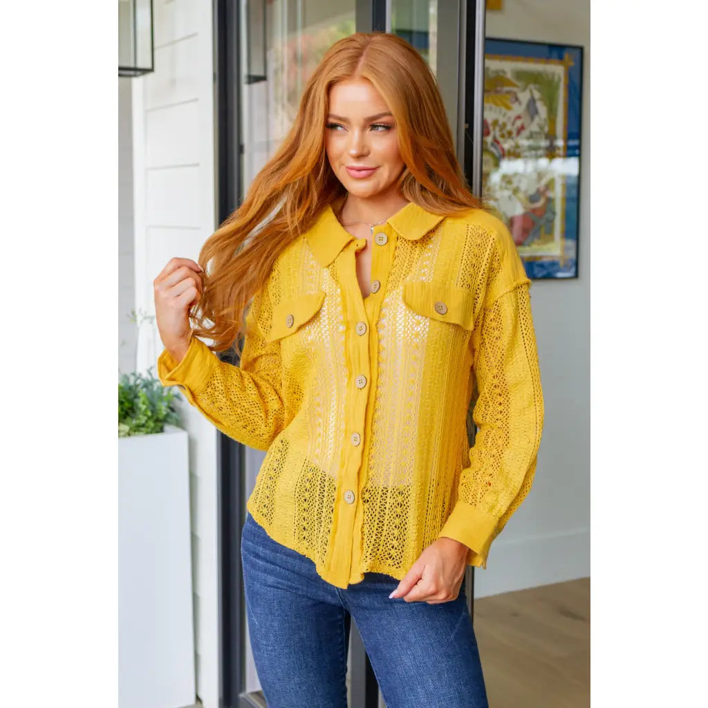 Our Sweeter Than Nectar Lace Button Down Blouse in Honey is crafted with delicate crocheted lace and a wood button