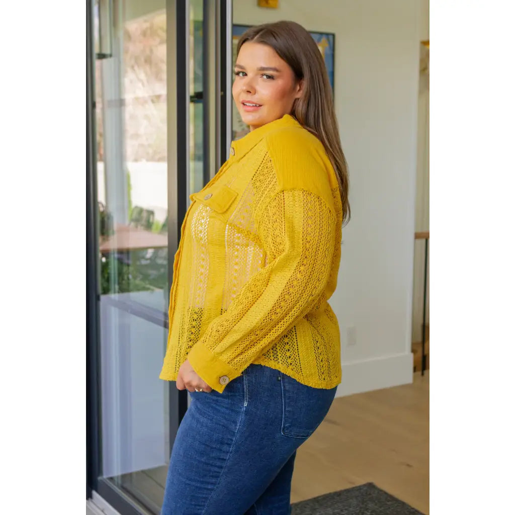 Our Sweeter Than Nectar Lace Button Down Blouse in Honey is crafted with delicate crocheted lace and a wood button