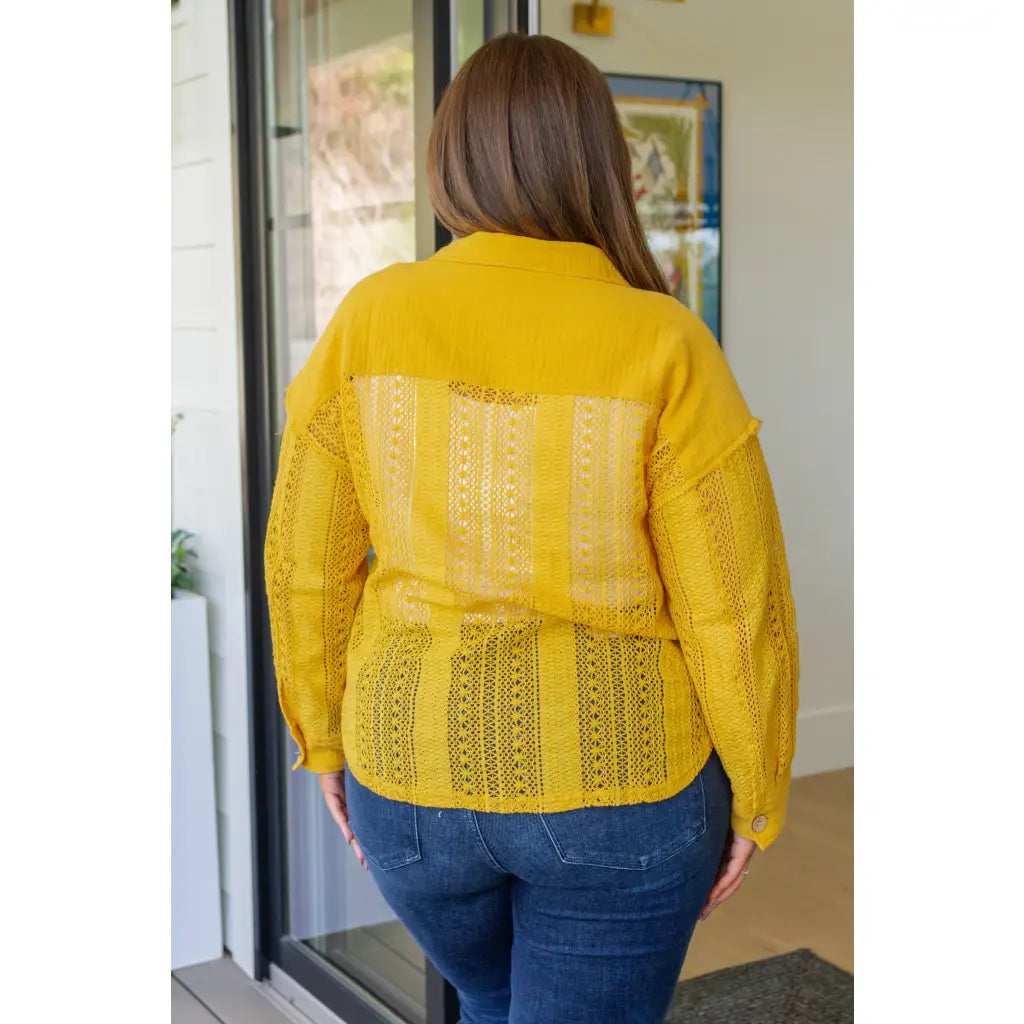 Our Sweeter Than Nectar Lace Button Down Blouse in Honey is crafted with delicate crocheted lace and a wood button