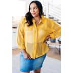 Our Sweeter Than Nectar Lace Button Down Blouse in Honey is crafted with delicate crocheted lace and a wood button