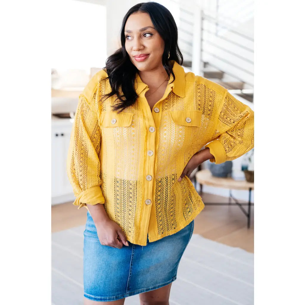Our Sweeter Than Nectar Lace Button Down Blouse in Honey is crafted with delicate crocheted lace and a wood button