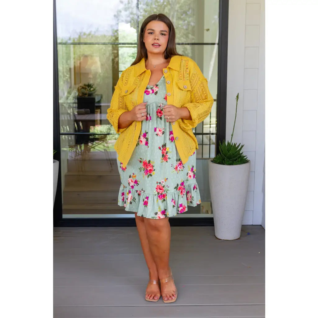 Our Sweeter Than Nectar Lace Button Down Blouse in Honey is crafted with delicate crocheted lace and a wood button