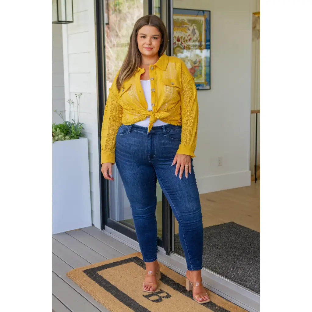 Our Sweeter Than Nectar Lace Button Down Blouse in Honey is crafted with delicate crocheted lace and a wood button