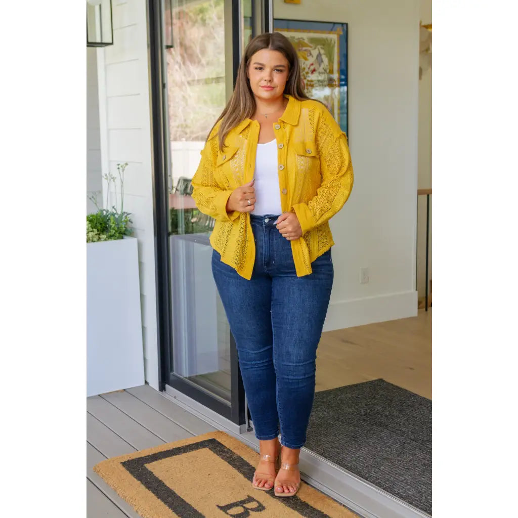 Our Sweeter Than Nectar Lace Button Down Blouse in Honey is crafted with delicate crocheted lace and a wood button