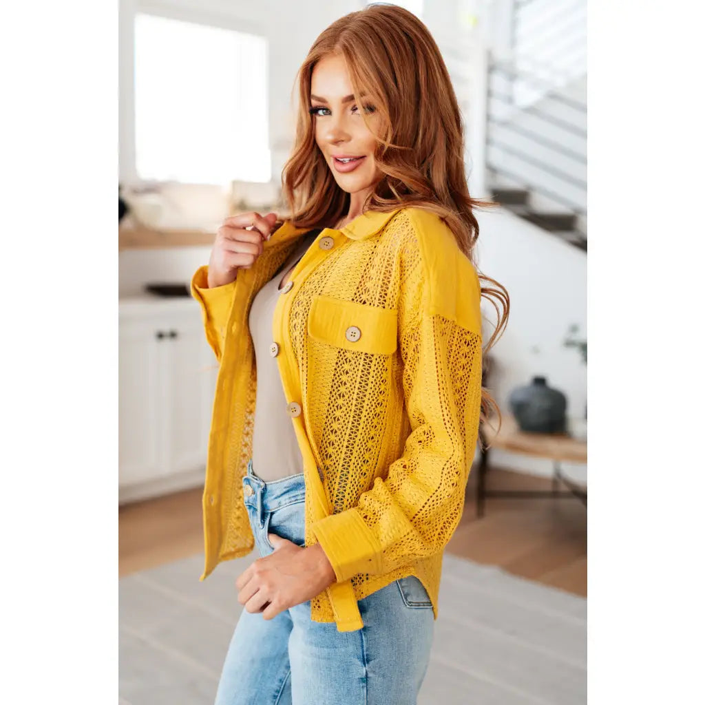 Our Sweeter Than Nectar Lace Button Down Blouse in Honey is crafted with delicate crocheted lace and a wood button