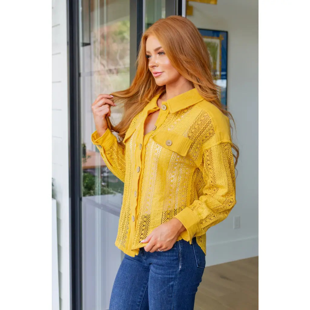 Our Sweeter Than Nectar Lace Button Down Blouse in Honey is crafted with delicate crocheted lace and a wood button