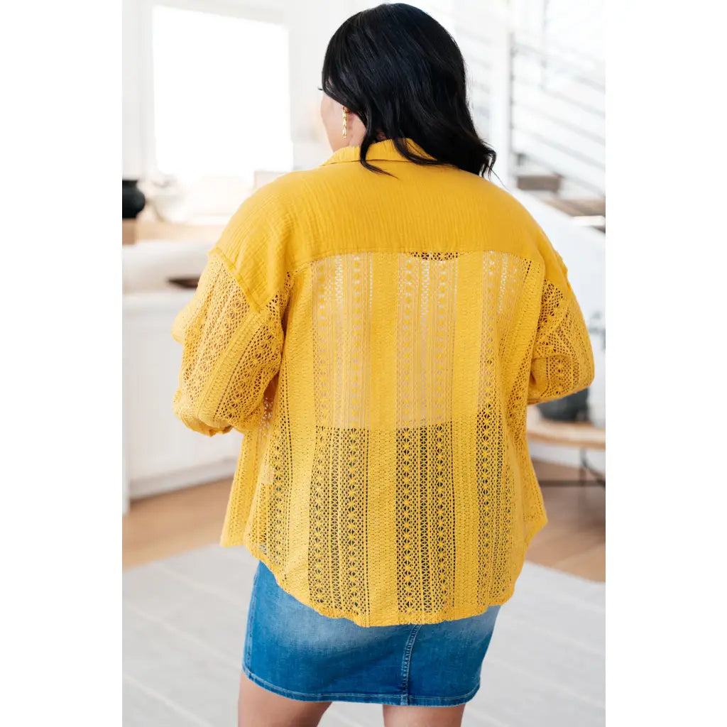 Our Sweeter Than Nectar Lace Button Down Blouse in Honey is crafted with delicate crocheted lace and a wood button