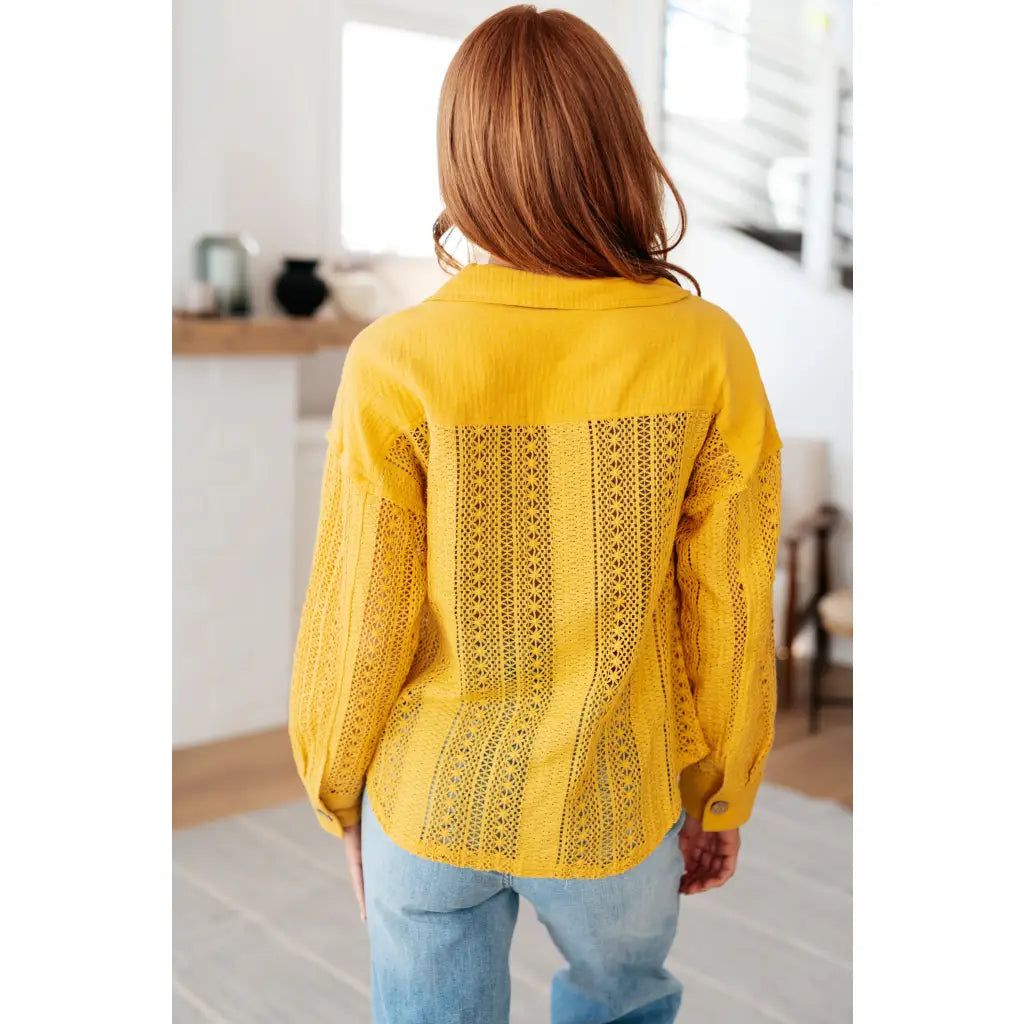 Our Sweeter Than Nectar Lace Button Down Blouse in Honey is crafted with delicate crocheted lace and a wood button