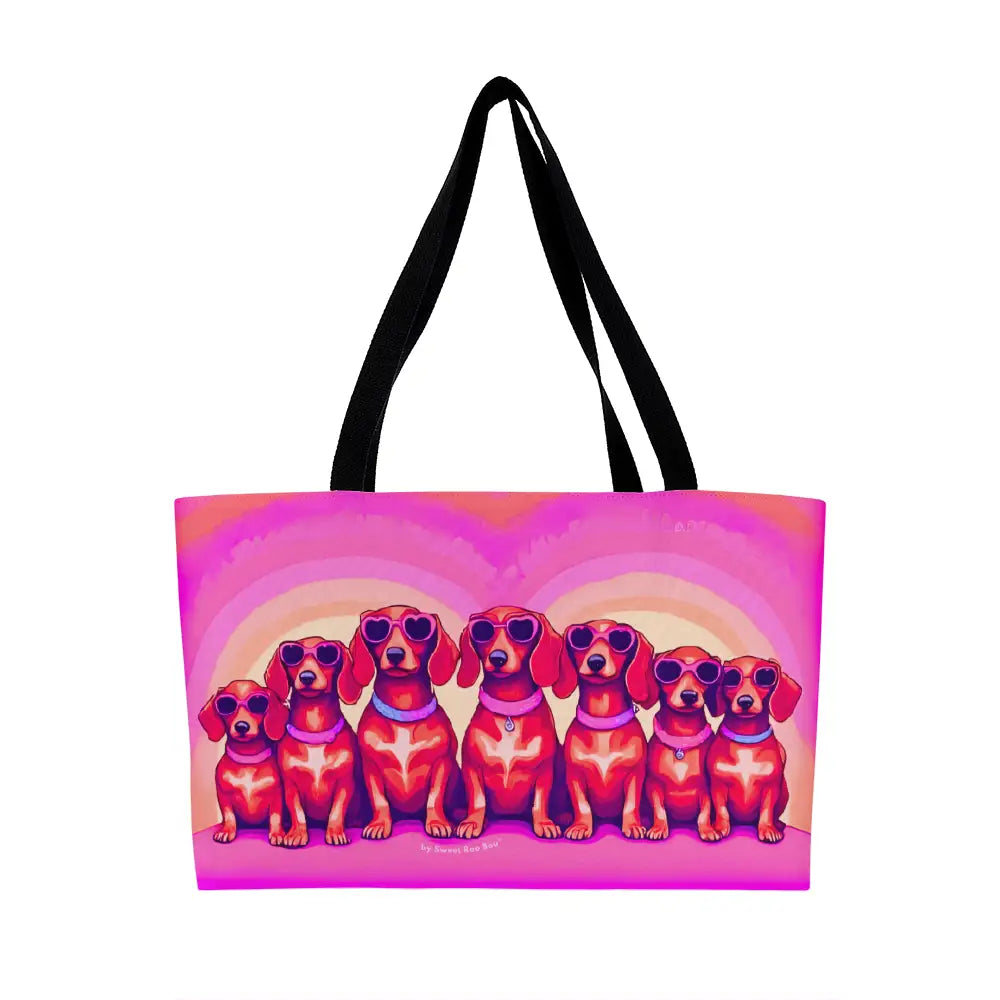 Dachshund weekender tote with Sweet Roo Bou™ art. Perfect travel gift for dachshund lovers dog moms or stylish weekend