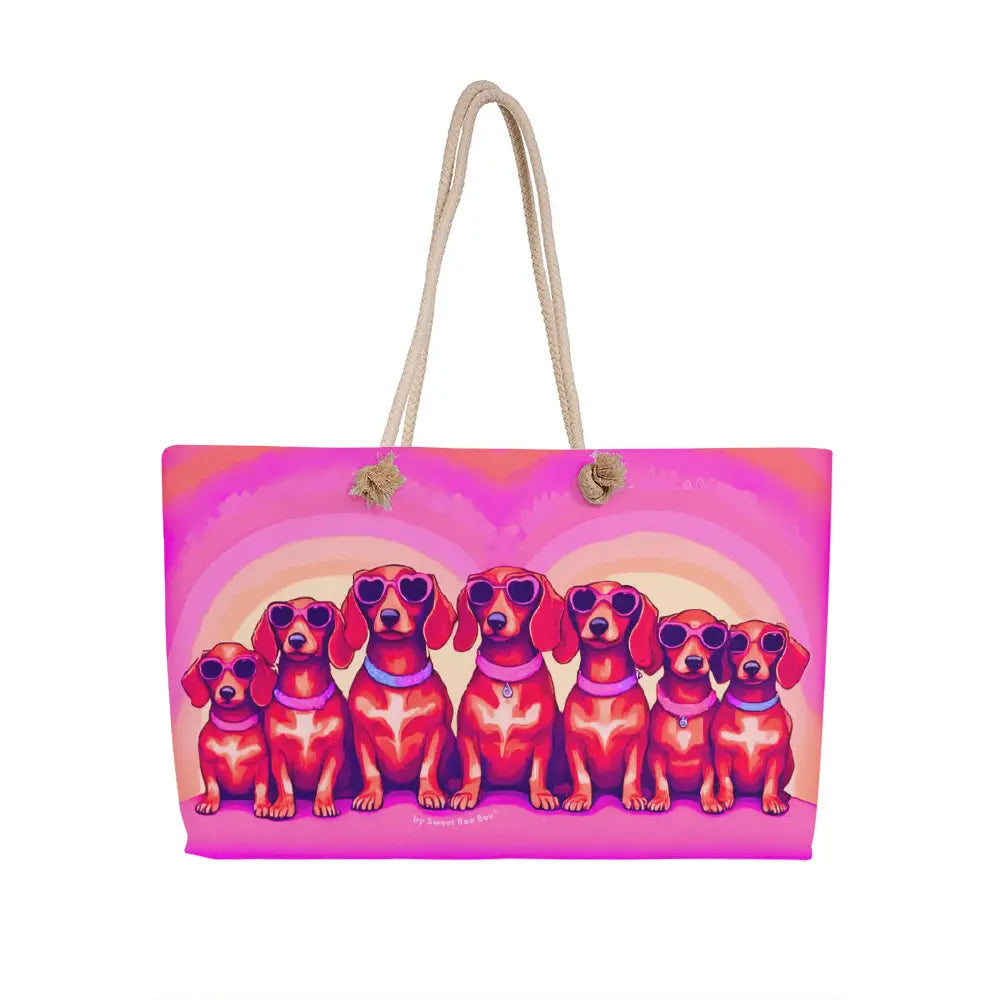 Dachshund weekender tote with Sweet Roo Bou™ art. Perfect travel gift for dachshund lovers dog moms or stylish weekend