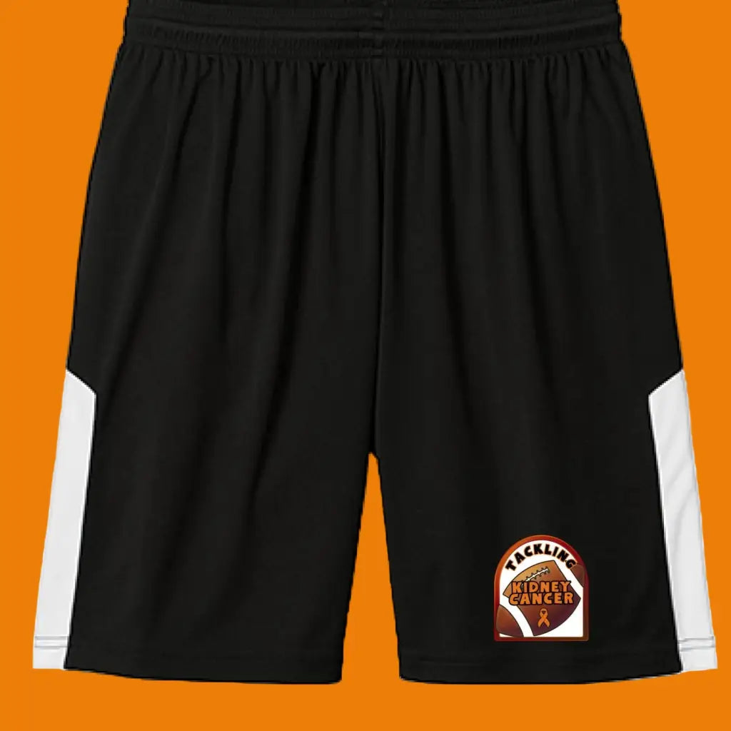 Moisture wicking men’s athletic shorts with UPF 30 + snag resistance and bold Tackling Kidney Cancer artwork. Fight