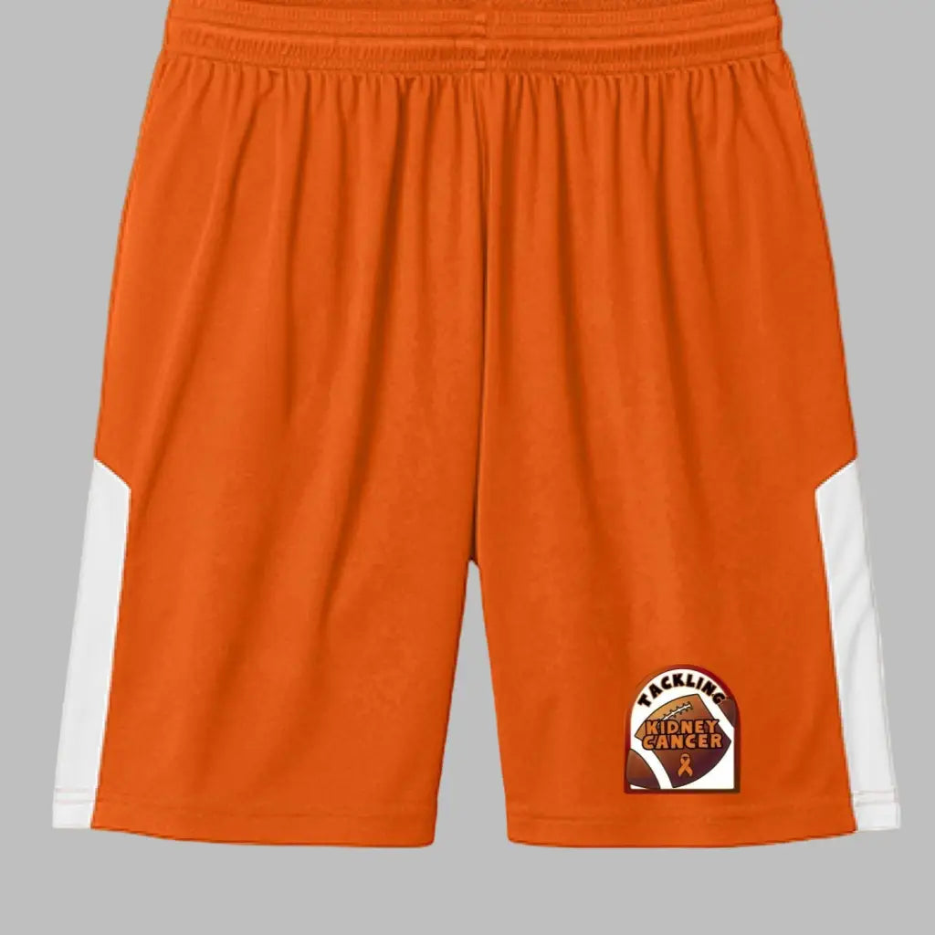 Moisture wicking men’s athletic shorts with UPF 30 + snag resistance and bold Tackling Kidney Cancer artwork. Fight