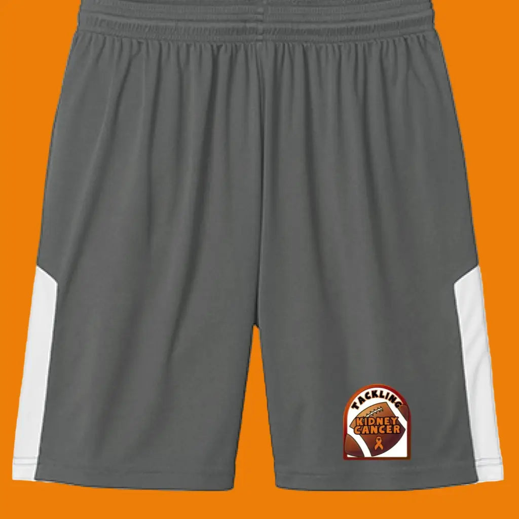 Moisture wicking men’s athletic shorts with UPF 30 + snag resistance and bold Tackling Kidney Cancer artwork. Fight