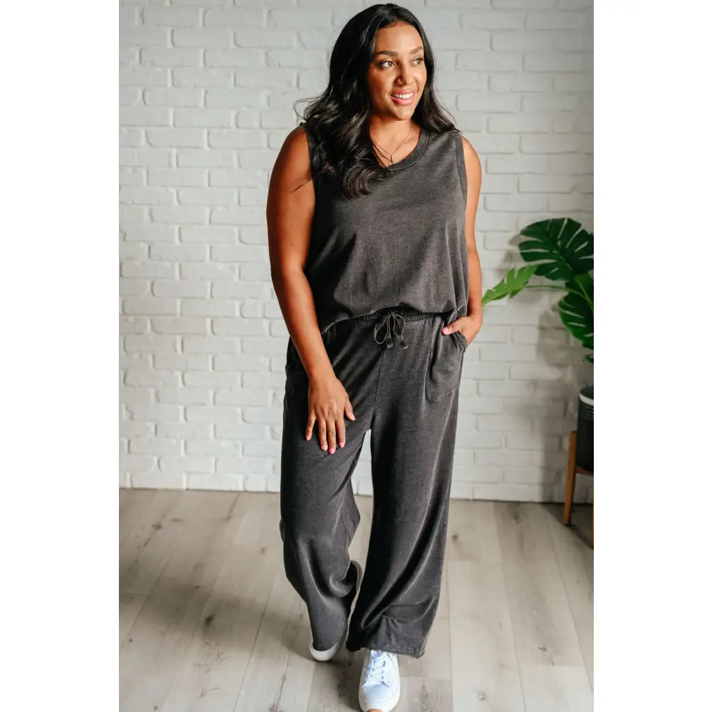 Relax in style with our Taking It Easy Lounge Set. Made of soft and comfortable charcoal grey knit fabric this tank