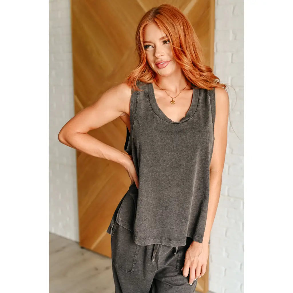 Relax in style with our Taking It Easy Lounge Set. Made of soft and comfortable charcoal grey knit fabric this tank