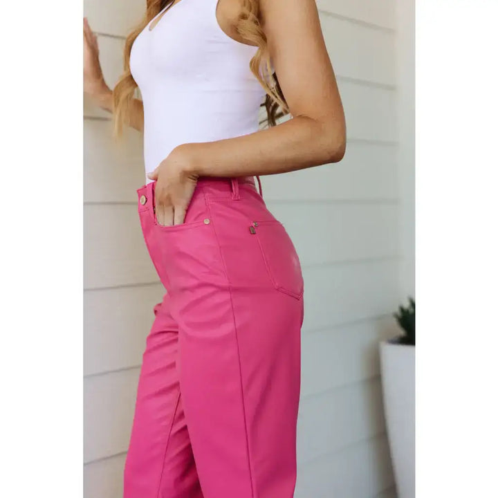 Tanya Control Top Faux Leather Judy Blue Pants in Hot Pink