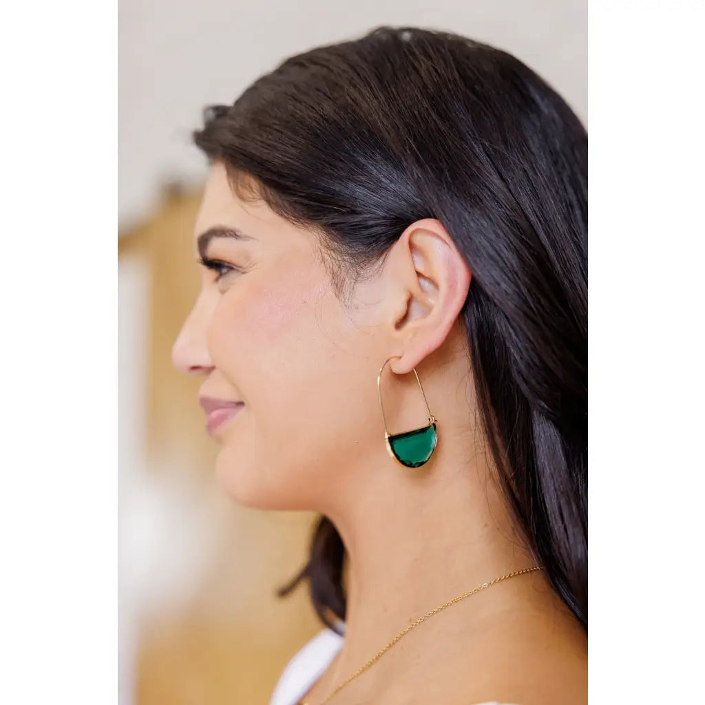 Add some sparkle to your style our Teal Glass Half Circle Drop Earrings. Made from 18K gold-plated metal and adorned