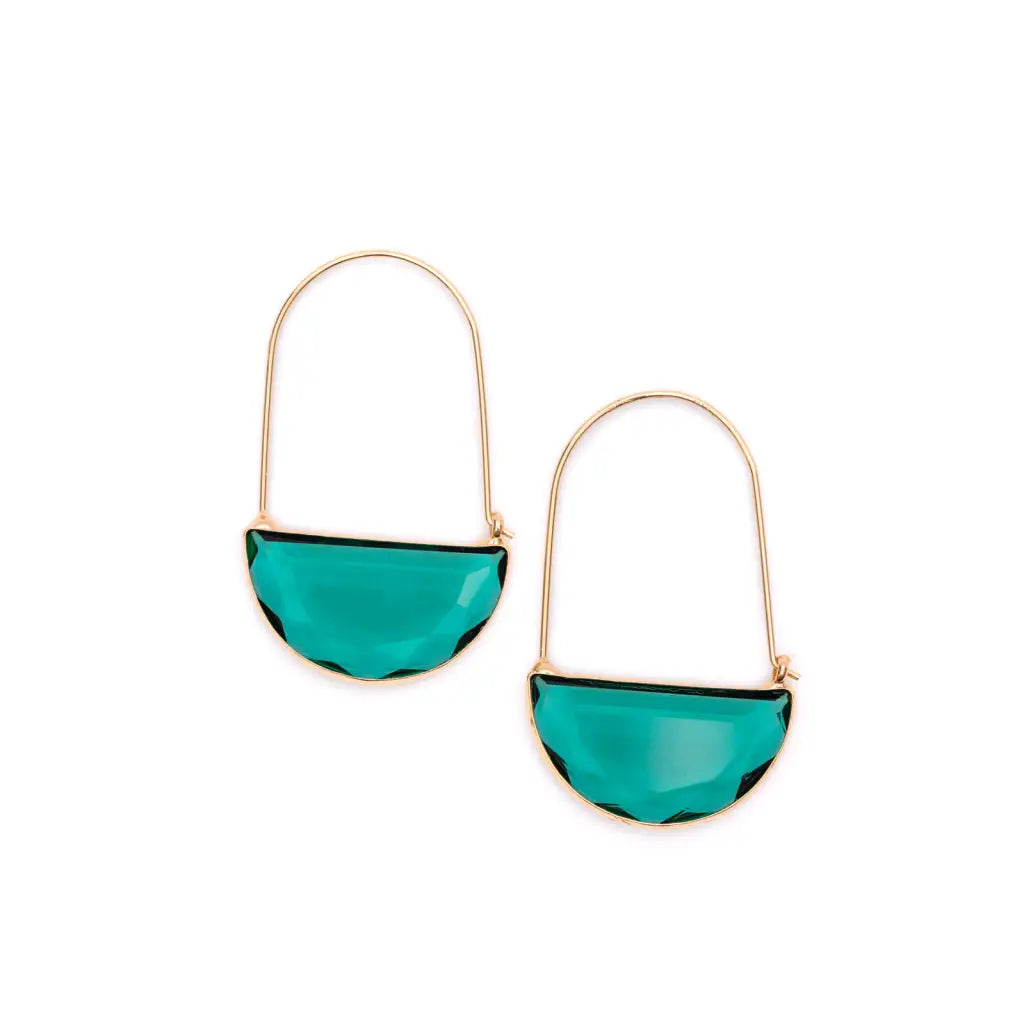 Add some sparkle to your style our Teal Glass Half Circle Drop Earrings. Made from 18K gold-plated metal and adorned