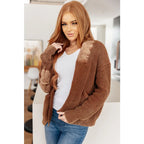 Vintage-inspired plus size friendly cardigan in a vintage brown with cozy knit elbow patches and front pockets. Perfect