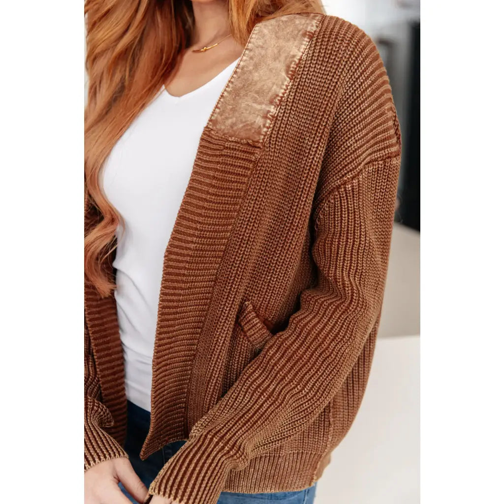 Vintage-inspired plus size friendly cardigan in a vintage brown with cozy knit elbow patches and front pockets. Perfect
