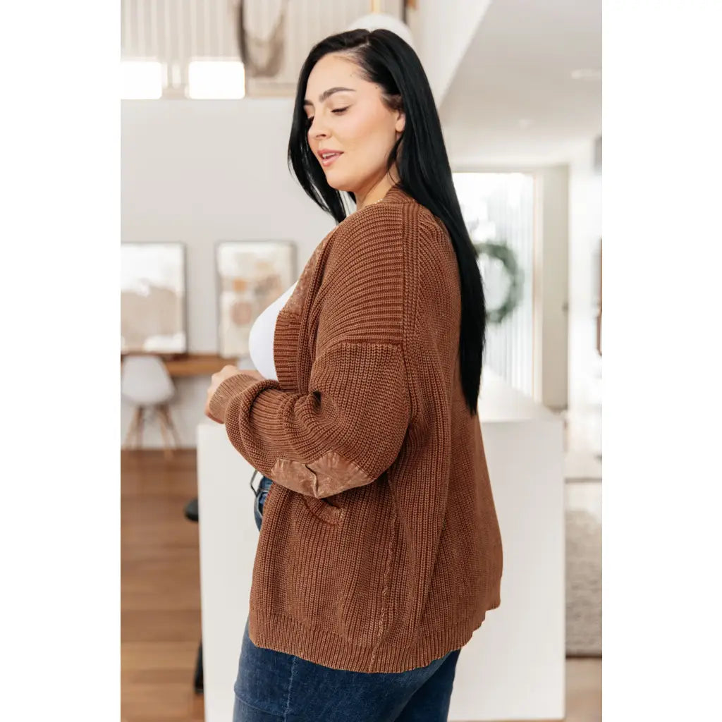 Vintage-inspired plus size friendly cardigan in a vintage brown with cozy knit elbow patches and front pockets. Perfect