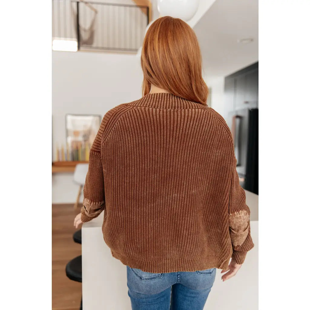 Vintage-inspired plus size friendly cardigan in a vintage brown with cozy knit elbow patches and front pockets. Perfect