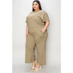 Our Textured Bae Short Sleeve Top and Pants Set is anything but basic. Featuring a drawstring wide leg cropped pant
