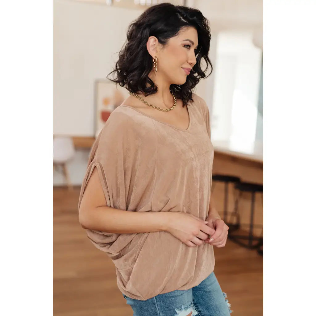 Unleash your style with The Realest V-Neck Top in Shimmering Beige. Made from soft bulgari fabric this top offers