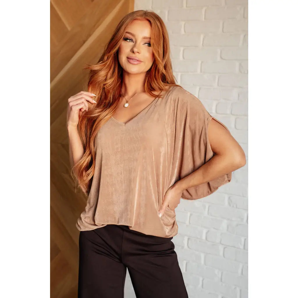 Unleash your style with The Realest V-Neck Top in Shimmering Beige. Made from soft bulgari fabric this top offers