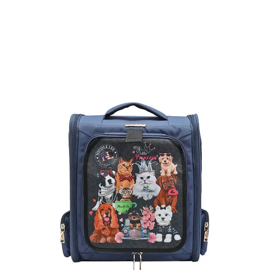 Expandable Roxy Roo Voyager pet carrier with mesh panels sherpa interior and Nicole Lee exclusive print. Fits pets up