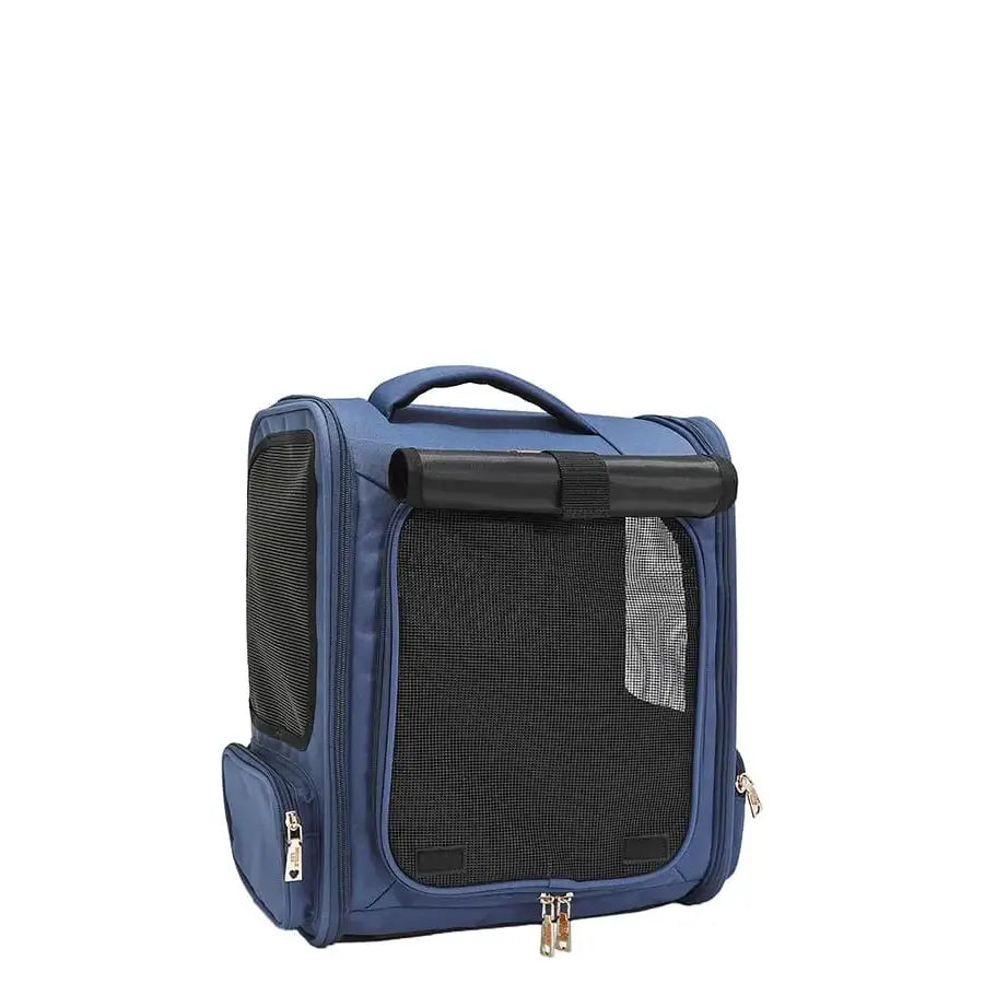 Expandable Roxy Roo Voyager pet carrier with mesh panels sherpa interior and Nicole Lee exclusive print. Fits pets up